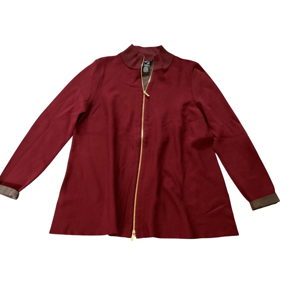 Lafayette 148 New York Wool Blend Full Zip Cardigan Burgundy Red Mock Neck M